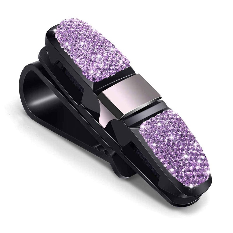 CHIMUYU Glasses Holders for Car Sun Visor, Bling Crystal Rhinestones Fashion Rotatable Car Eyeglasses Sunglasses Hanger Mount with Ticket Card Clip for Women Girls (Violet) - Image 1